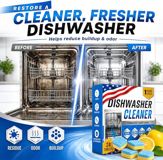 Dishwasher Cleaner Deodorizer Tablets, 24 Pack Dishwasher Cleaning Tablets Descaler Pods for Limescale, Calcium & Hard Water Stains, Lemon Dishwasher Cleaner Pods for Odor, Grease & Machine Care