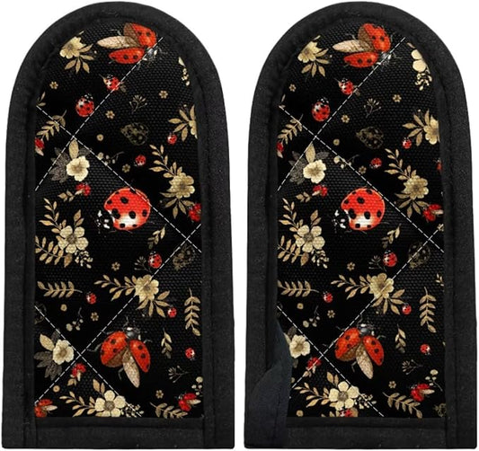 Coldinair Ladybug Floral Hot Handle Holder Heat Protecting Polyester Handle Cast Iron Skillets 2Pcs Cast Iron Skillet Handle Cover for Kitchen