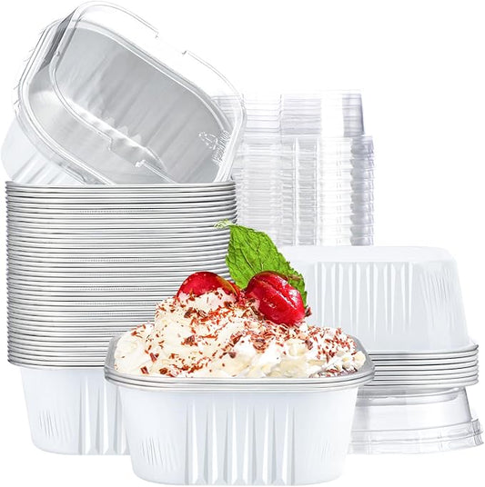 EUSOAR Disposable Ramekins with Lids, White 10oz 50pcs Creme Brulee Ramekins, Aluminum Foil Baking Cups, Square Cupcake Pans, Mini Cake loaf Bread Containers