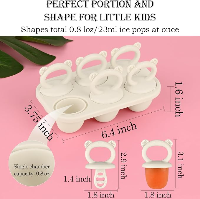 Sakolla Baby Popsicle Molds Mini 6-Cavity Silicone Ice Pop Mold with Sticks Breastmilk Popsicle Molds for Teething Relief Toddler Popsicle Mold for Ice Cream Frozen Yogurt and Fruit Juice (Beige‌)