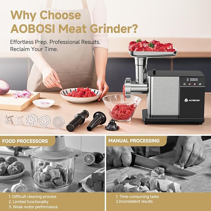 AAOBOSI Electric Meat Grinder 3000W w/Touch Screen & Auto-Reverse | 3 Plates, Built-in Storage, Sausages, Kibbe, Raw Pet Food at Home Use, LFGB Approved, 4lbs/min, Low Noise, Easy Cleanup