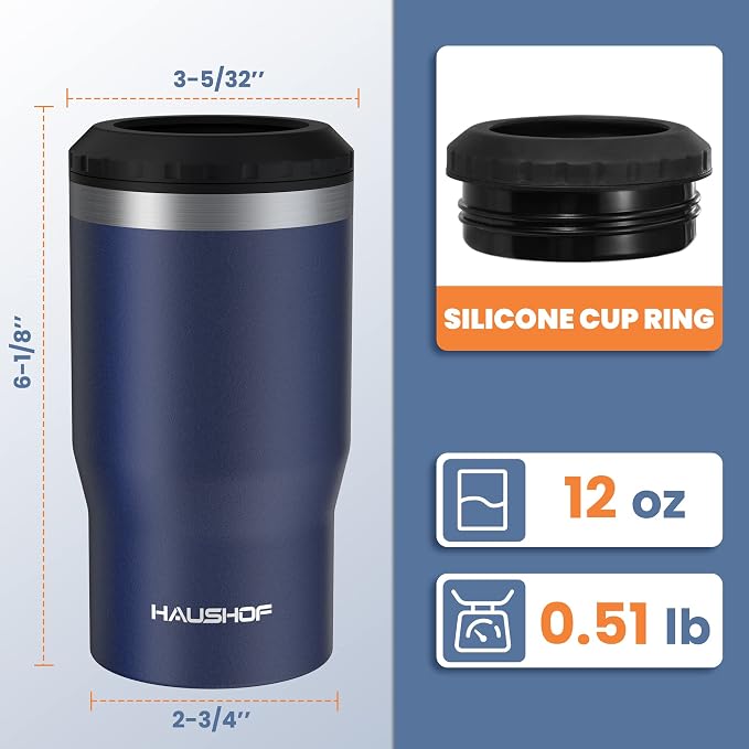 HAUSHOF 4-in-1 Insulated Can Cooler Fits 12oz Cans & Beer Bottle, Navy Blue | Double-Wall Vacuum Insulated, 18/8 Stainless Steel, BPA-Free Lid, Slim Can Cooler for Camping, Beach & Picnic