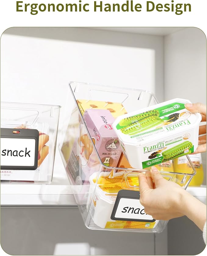 iCASA 6-Pack Clear Fridge Organizers and Storage Bins Container with Labels | Plastic Refrigerator Organizer Bin for Organizing, Home Organization Must Haves for Kitchen Under Sink Cabinet Pantry Shelf