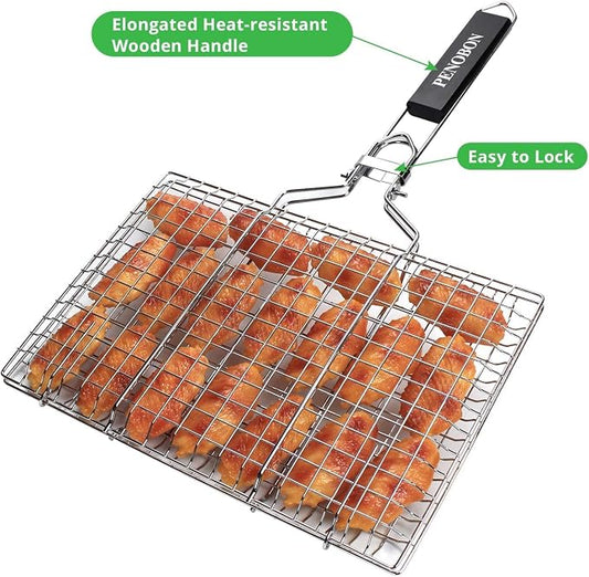 Fish Grilling Basket, Folding Portable Stainless Steel BBQ Grill Basket for Fish Vegetables Shrimp with Removable Handle, Come with Basting Brush and Storage Bag