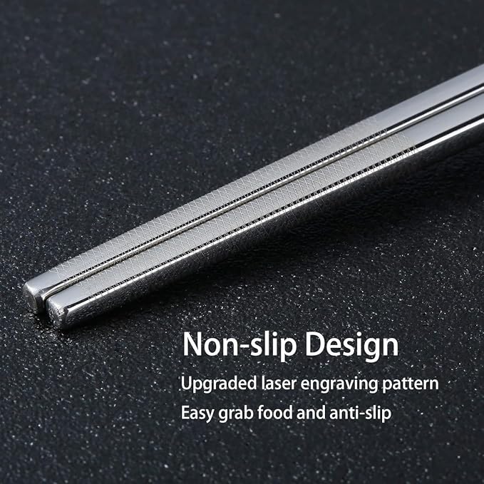 Metal Chopsticks Reusable 5 Pairs: Stainless Chopstick Set Dishwasher Safe,Non-Slip,Gift Box Packaging,Laser Engraved,Japanese Chinese Korean Chop Sticks for Cooking Eating - 5 Patterns