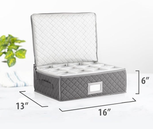 StackStorePlusMore China Cup Storage Chest - Quilted Fabric Container in Gray Measuring 16" x 13" x 6"H - Perfect Storage Case for Coffee Cups - Tea Cups - Mugs