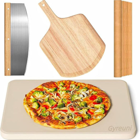 4 PCS Rectangle Pizza Stone Set, 15" Large Pizza Stone for Oven and Grill with Pizza Peel(OAK), Pizza Cutter & 10pcs Cooking Paper for Free, Baking Stone for Pizza, Bread,BBQ | Complete pizza stone set:15 x 12 inch Baking stone and pizza peel,Pizza Cut...