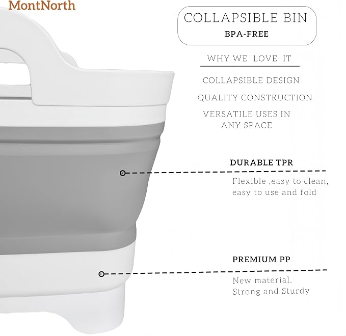 MontNorth Collapsible Wash Basin 9L, Foldable Dish Tub with Drain Plug, Portable Collapsible Dish Basin, Camping Sink for Washing Dishes, Laundry & Kitchen Use,Gray