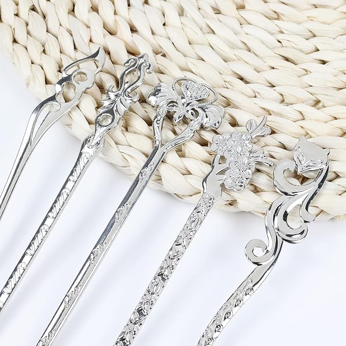 Lawie 14 Pack Vintage Retro Ancient Chinese Japanese Silver Metal Hair Sticks Pins Picks Long Straight Carved Horn Fork Pen Hairpins Chopstick Clip Barrettes Decorative Bun Hair Accessories for Women