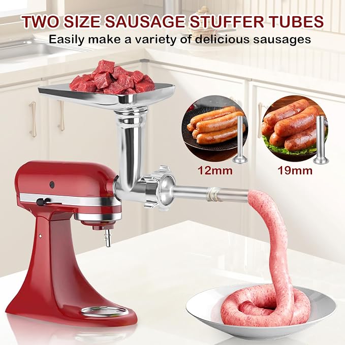 Meat Grinder & Slicer Shredder Attachments for KitchenAid Stand Mixer, Meat Grinder with 2 Size Sausage Stuffer Tubesand and 4 Types Slicer Shredder Combination Set for Mincing Meat/Chopping Food