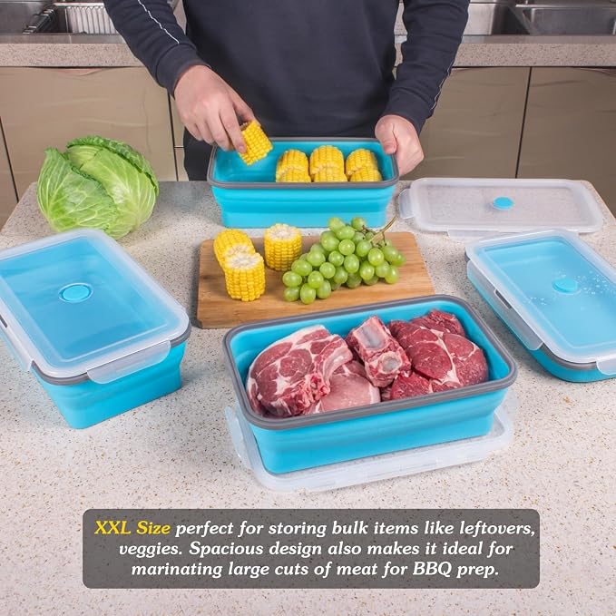 Extra Large Collapsible Food Storage Containers with Lid & Air Vent, 81 oz, 4 Pack, XXL Collapsible Marinade Container BBQ Prep Foldable Silicone Containers, Microwave Freezer Dishwasher Safe, Blue