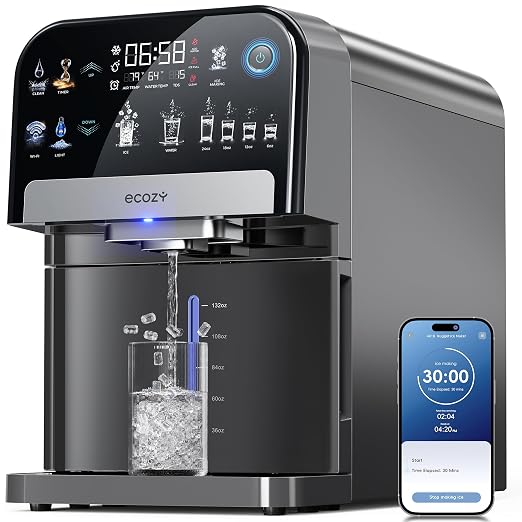 ecozy Smart Nugget Ice Maker Dispenser Countertop with App & Voice Control | 2-in-1 Pebble Ice Maker & Water Dispenser, Sonic Crushed Ice Machine, Self-Clean, TDS Monitor, Measured Dispensing, 33Lbs/Day