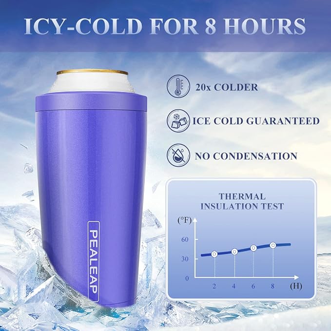 Pealeap 4-in-1 Insulated Slim Can Cooler for All 12oz Cans & Beer Bottles | Double-walled Stainless Steel Vacuum Can Cozy | Keep 8Hrs Cold | Universal Fits 12oz Drinks | No Sweat | Cup Holder Friendly