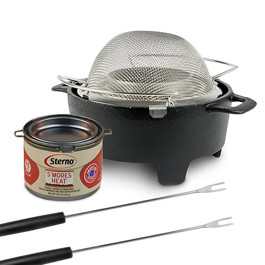 Sterno 70277 Smores Maker Jr Table Top Smores Fire Pit, Portable, Cordless, Food-Safe, Great for Outdoors or Indoors - Jr Size, Black | Includes base, roasting screen, 2 forks, and fuel can