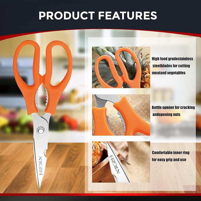 Kitchen Shears, Multi-function Heavy Duty Dishwasher Safe Poultry Shears, Food Grade Stainless Steel Sharp Utility Scissors for Food, White