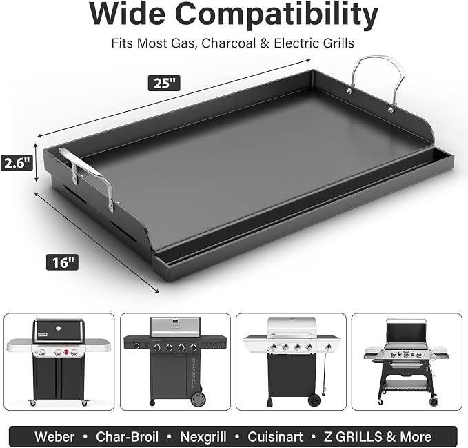 25"x16" Nonstick Cast Iron Griddle for Gas Grill - 23lb Heavy Duty - Universal Flat Top with Reinforced Ridges & High Sidewalls, Fits Gas/Charcoal Grills (Weber, Charbroil, Nexgrill)
