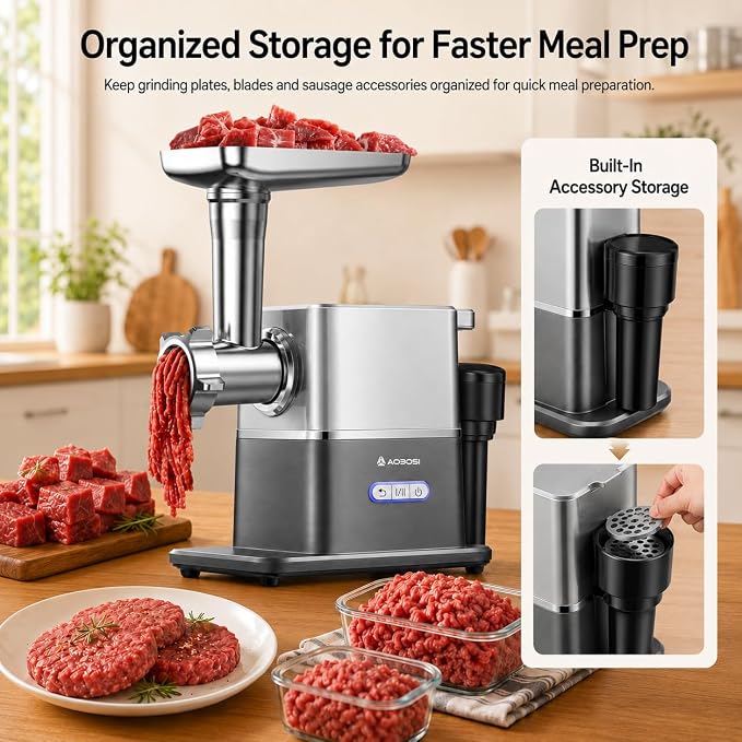 AAOBOSI Meat Grinder Electric 3000W Max with 60dB Quiet DC Motor, Auto-Reverse & Storable Food Pusher - 3 Speed Settings,Grinding, Sausage & Kibbe Making for Home Use