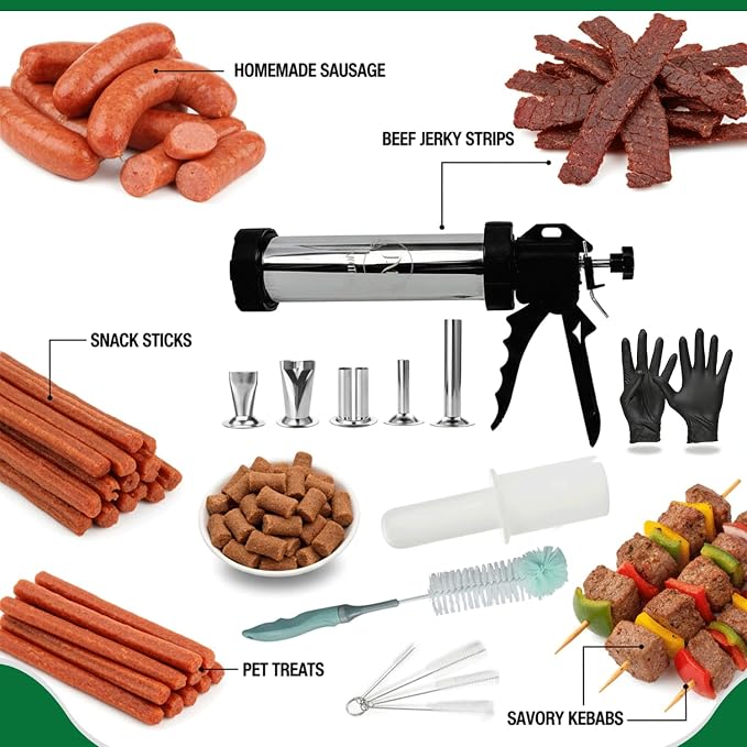 2LB Professional Jerky Gun Kits, Sausage Stuffer, Stainless Steel Jerky Maker, Jerky Shooter, Beef Jerky Making Gun with 5 Nozzles, 1 Meat Pusher, 5 Cleaning Brushes and Pair of Gloves