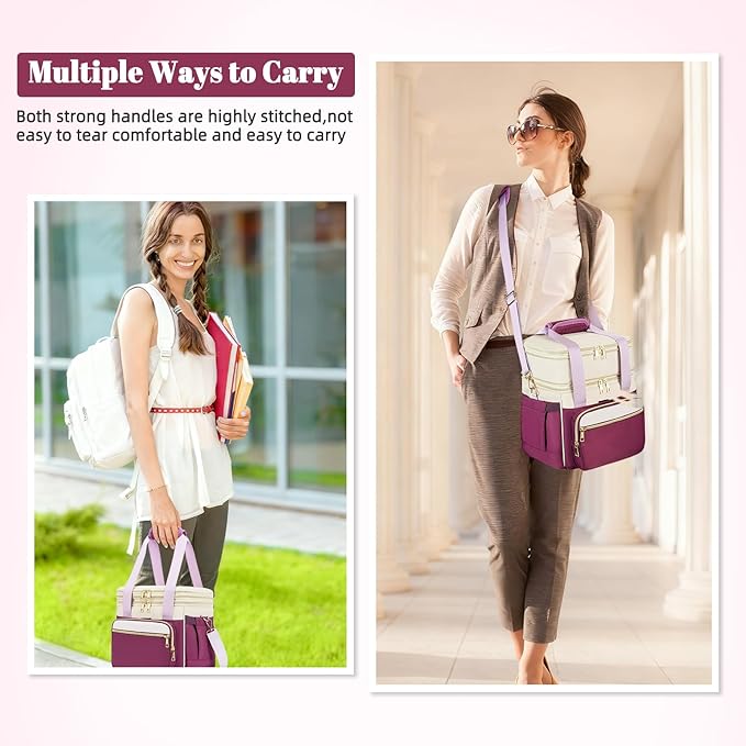 holuxer Insulated Lunch Bag & Lunch Box for Women - Double Deck Reusable Lunch Bag for men Tote Cooler Bag Leakproof Soft Expandable - Large Lunchbox for Work/Adult/Picnic/Outdoor (Light Purple，15L)
