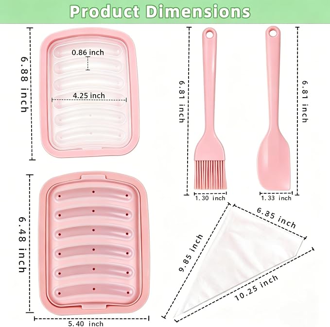 2 Pcs Silicone Sausage Mold with a Set of Silicone Brush Spatula and 25x Pastry Bags, Non-Stick Hot Dog Bun Pan, DIY Handmade Ham Sausage, Hot Dogs Baking Mold for Children's Food with Lid (Pink*2)