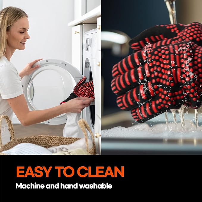 BBQ Gloves Heat and Flame Resistant Protection - Oven and Grill Gloves Hand Protection, Extended Wrist for Addtional Safety, Ideal for Outdoor Cooking, Grilling, Barbeque and Campfire (Red)