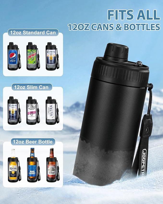 JOOPETALK Universal Can Cooler with Lid Fits All 12oz Cans& Bottles, 100% Leak-Proof Water Bottle, 4-in-1 Insulated Can Cooler for Beer, Soda & Energy Drinks, Dishwasher Safe
