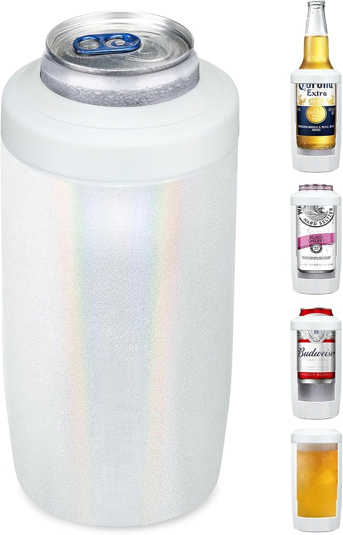 MAXSO Slim Can Cooler, 4-in-1 Double Walled Stainless Steel Insulated Beer Can Holder, Works With All 12 Oz Cans,Bottles & As A Pint Cups - Glitter White