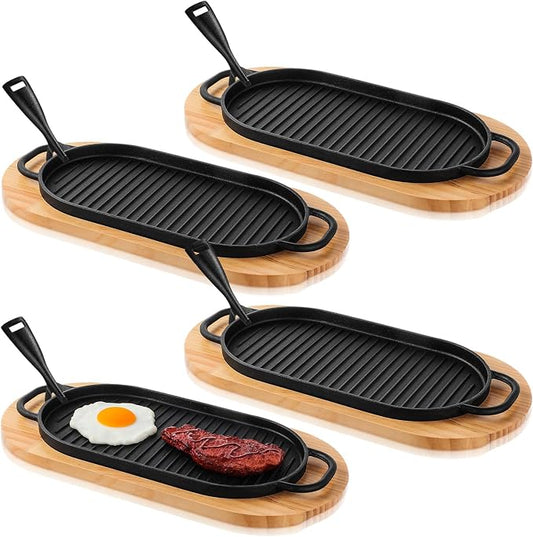 4 Pcs Cast Iron Fajita Skillet Pan Set Sizzling Steak Plate with Wooden Base and Removable Handle Cast Iron Grill Frying Pan for Home Restaurant Kitchen Cooking (12 x 6.3 Inch)