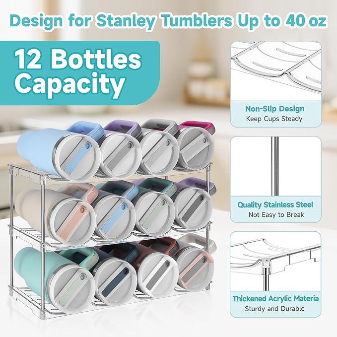 Stackable Water Bottle Organizer Large Compartment Water Bottle Holder | Tumbler Organizer for Stanley 40 oz Cup, Kitchen Cabinet Storage Organizer for Stanley Cup Accessories, 3 Tier Hold 12 Bottle