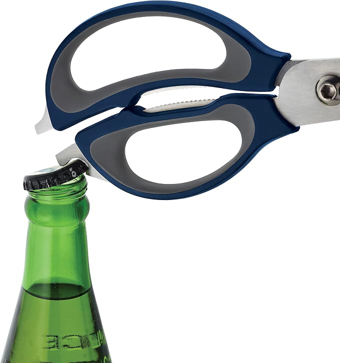 Farberware 4-in-1 Kitchen Scissors, Multi-Function Kitchen Shears with Jar Opener, Bottle Opener and Screwdriver, High-Carbon Stainless Steel Blades, Navy and Grey Ergonomic Handles with Sheath
