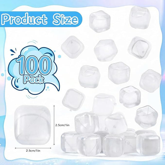 100 Pack Reusable Ice Cubes, Clear Plastic Ice Cubes, 1 Inch | Refreezable Square Cubes, Transparent Plastic Cubes without Diluting for Cocktails Coffee Wine Whiskey, Easy to Use