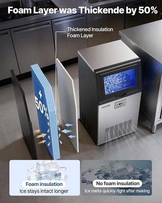 VEVOR Commercial Ice Maker Machine, 100 lbs/24h with 30 lbs Storage Capacity, Built-in/Freestanding/Under Counter, Stainless Steel Ice Maker with LED Display & Self-Cleaning, for Home Bar Restaurant