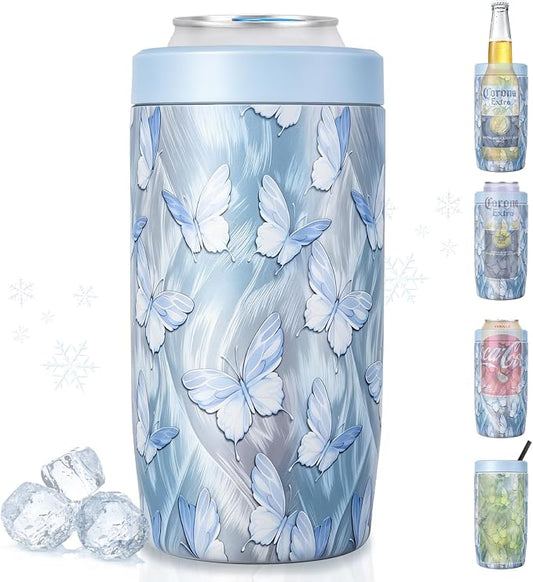 4-in-1 Slim Can Cooler Easy to Hold Insulated Beer Can Holder Double-Walled Stainless Steel for All 12 Oz Cans Blue Butterfly