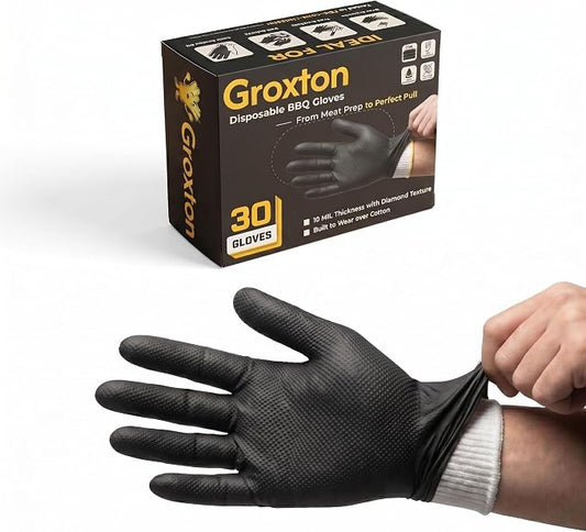 Disposable BBQ Gloves, Black, 10 MIL Thickness, Diamond Texture, Wear Over Cotton, 30 Count, 2 Cotton Glove Liners Included (1)