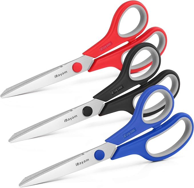 iBayam 8.5" Household Scissors All Purpose 3 Pack, Red Black Blue Scissors | Ultra Sharp 2.5mm Thick Blade Shears Comfort-Grip for Office Desk Sewing Fabric Home Craft School Supplies, Right/Left Handed