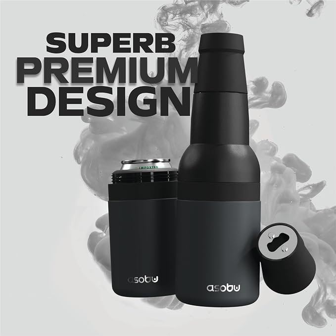 Asobu Frosty Beer Holder 2 Go Vacuum Insulated Double Walled Stainless Steel Beer Can and Bottle Cooler with Beer Opener, Bpa Free, Fits Standard 12oz Bottles & Cans, Gift for Beer Lovers (Smoke)