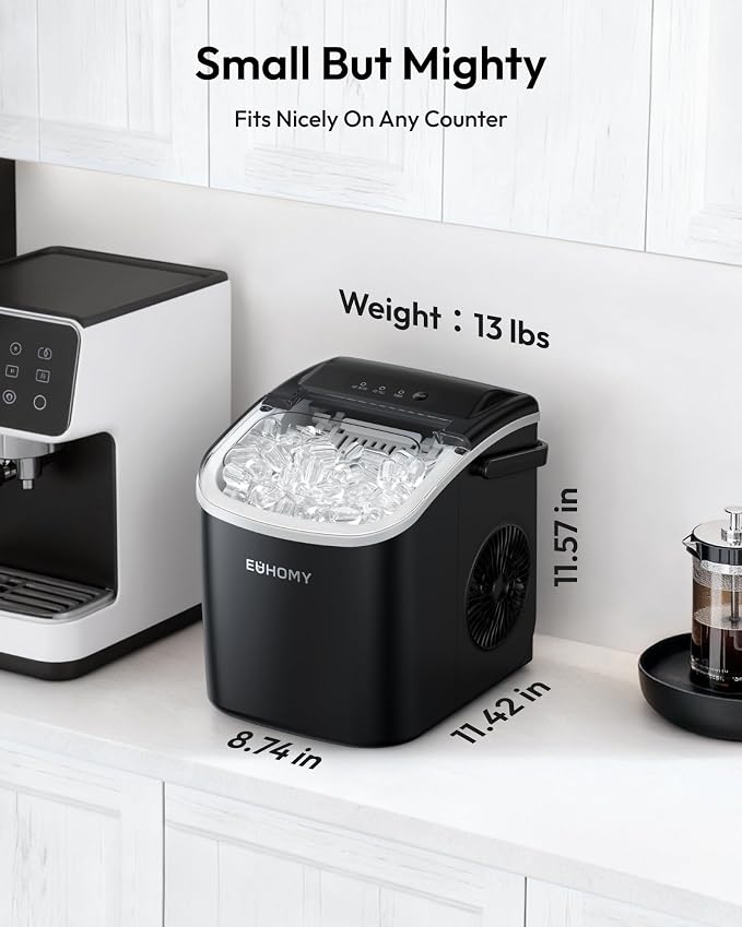 EUHOMY Countertop Ice Maker Machine with Handle, 26.4lbs in 24Hrs, 9 Ice Cubes Ready in 6 Mins, Self-Cleaning Portable Ice Maker with Basket and Scoop, for Home/Kitchen/Camping/RV. (Black)