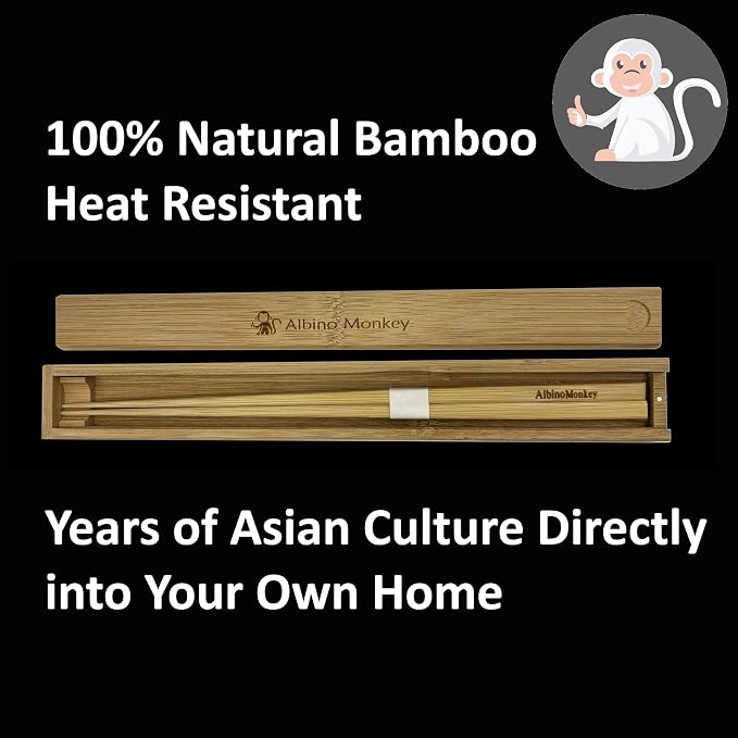 Albino Monkey Japanese Wooden Chopsticks With Case - Reusable Bamboo Chopstick Gift Set with Holder and Wooden Box - For Sushi Lovers, Office Lunch, and Asian Dining Gifts