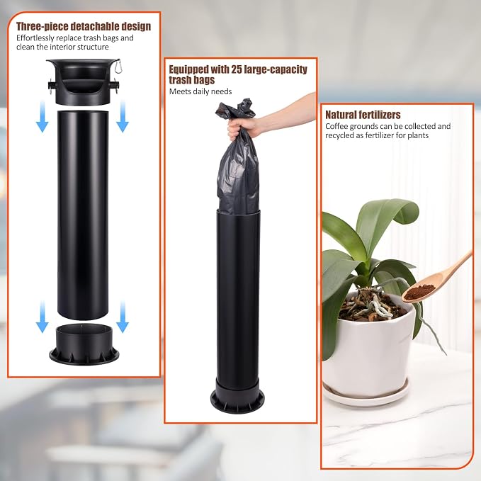 HOMEE 18L Floor Standing Espresso Coffee Knock Box with 25 Garbage Bags | Large Capacity & Detachable, Non-Slip Base, Easy to Clean, Barista Knock Box with Brush & Towel for Home and Commercial Use