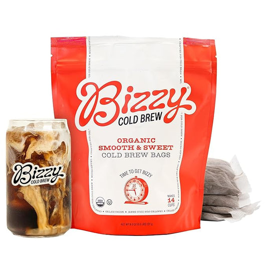 Bizzy Organic Cold Brew Coffee | Smooth & Sweet Blend | Coarse Ground Coffee | Medium Roast | Micro Sifted | Specialty Grade | 100% Arabica | Brew Bags | 4 Count | Makes 14 Cups