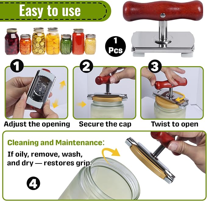 1-Pack Adjustable Jar Opener, Stainless Steel Lid Remover, Wood Handle | Non-Slip Metal Clamp, 0.4-4.1 Inch Range, Rust-Proof Quick Rinse, Adjustable Lid Remover for Seniors & Arthritic Hands