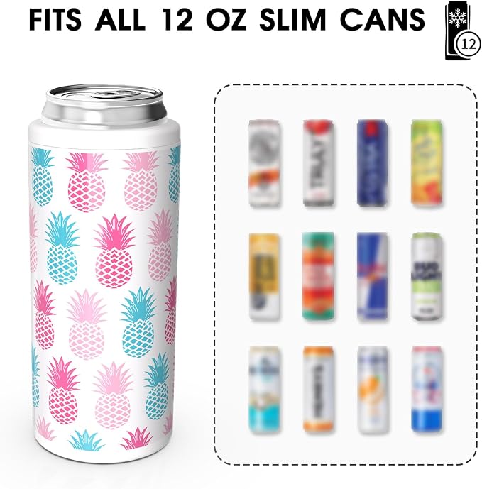 TILUCK Skinny Can Cooler, Stainless Steel Insulated Slim Cans, 12 oz | Beer & Hard Seltzer, Doucle-Walled Stainless Steel Insulated Slim Cans, Slim 12 oz(Pineapple)