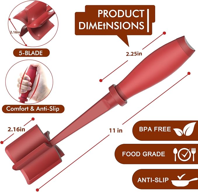 Upgrade Meat Chopper Hamburger Masher Ground Beef Smasher Utensil Mix Tool | Premium Heat Resistant Meat Masher, Nylon Potato Mashers Beef Smasher, Dishwasher Safe Non Stick Mix & Chop Tool Gift-Red