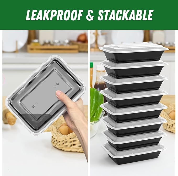 50 Pack (100-Piece) 32 oz Meal Prep Containers with Easy Open Lids, Black | Sturdy Leakproof & Food Safe, Microwave, Freezer, Dishwasher Safe Prep Containers, To Go Take Out Plastic Food Storage