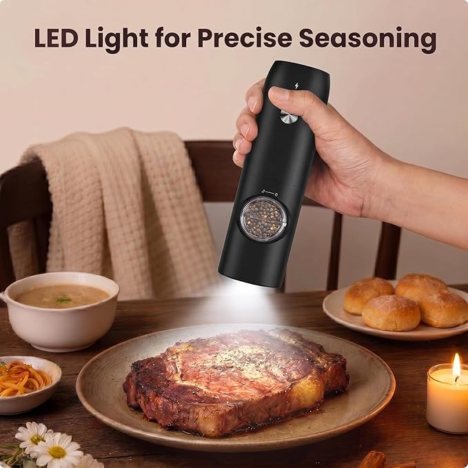 Electric Salt and Pepper Grinder Set, Rechargeable Automatic Salt and Pepper Shakers, Adjustable Coarseness Pepper Grinder with Led, Kitchen Appliances Gifts for Mom(Blackwhite)