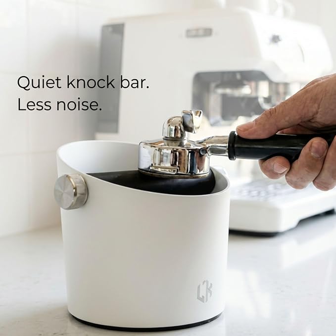 Espresso Knock Box White – Coffee Knock Box Stainless Steel, 23-Puck Large Capacity Coffee Puck Knock Box with Non-Slip Base & Quiet Bar for Espresso Machine