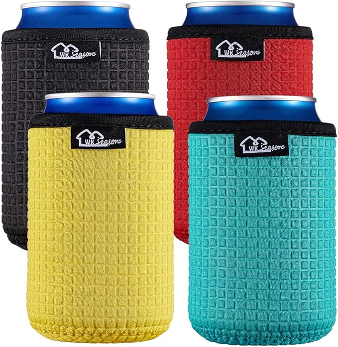 WKieason 12oz Standard Can Sleeves Insulators Sleeves Standard Can Covers 12OZ Beer Bottle Sleeves Coolers Holder Non-slip Neoprene Can Coolier Sleeves 4PC Pack (Black/Red/Yelllow/Blue)