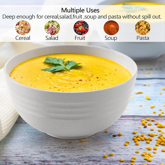 (Non Ceramic) 34 Ounce Cereal Bowls,Unbreakable Wheat Straw Fiber Bowl Set of 8, Microwave & Dishwasher Safe, Lightweight and Eco-Friendly Kitchen Bowls for Cereal, Salad, Soup, Snacks - BPA Free