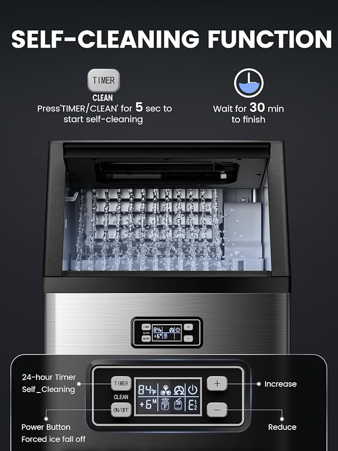 Electactic Commercial Ice Maker Machine,100lbs/24H Stainless Steel Ice Machine,33lbs Storage, Auto Self-Cleaning Freestanding Ice Maker, Ice Machine Freestanding for Bar/Cafe/Restaurant-Dark Silver