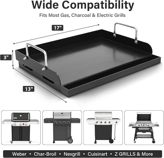17" x 13" Nano-Ceramic Nonstick Cast Iron Griddle - Universal Flat Top with Grease Groove, Reinforced Ridges & High Sidewalls, Cooking Skillet Pan for Gas/Charcoal Grills & Stove Top